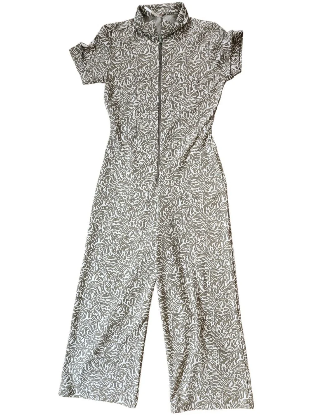 FREE PEOPLE Ellie Palm Olive Green Wide Leg Leaf Print Jumpsuit - Size S